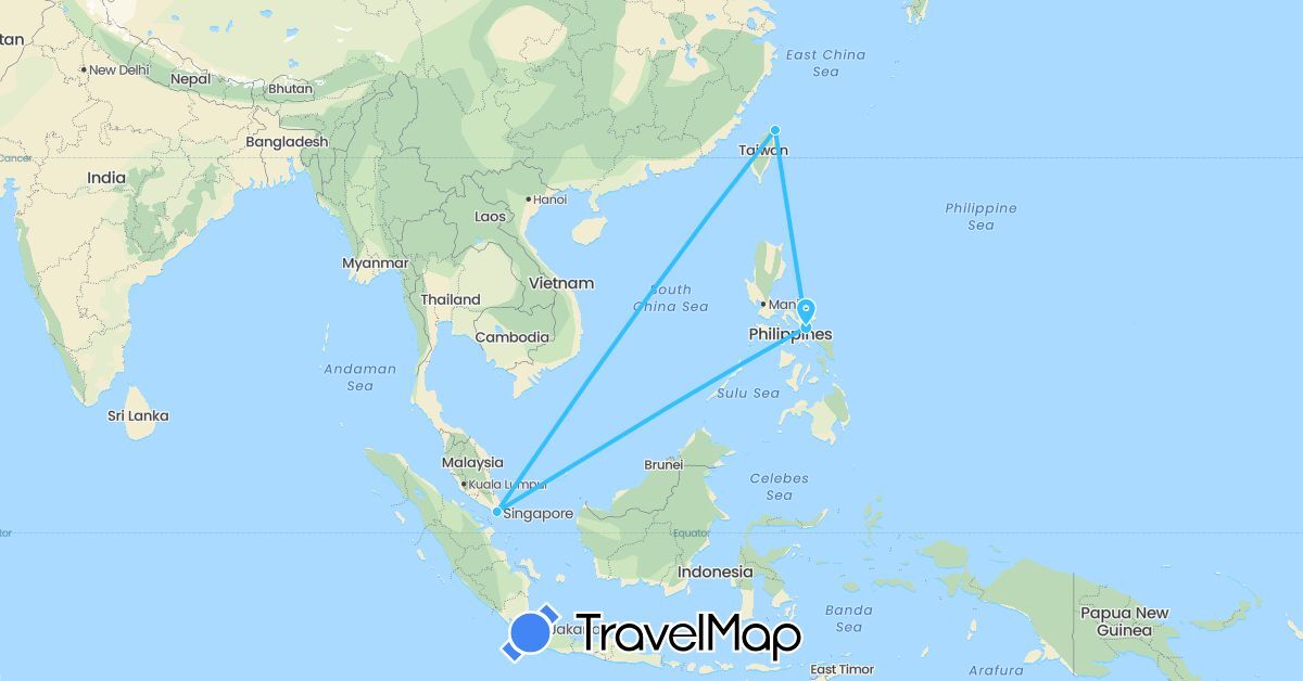TravelMap itinerary: driving, boat in Philippines, Singapore, Taiwan (Asia)
